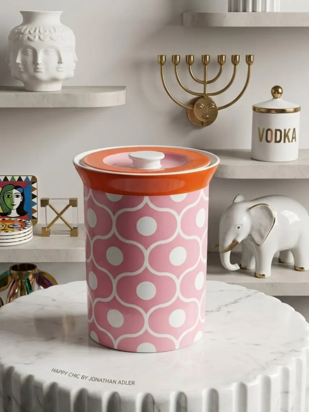 Jonathan Adler Happy Chic Ceramic Canister Pink Orange Retro Geometric WITH LID